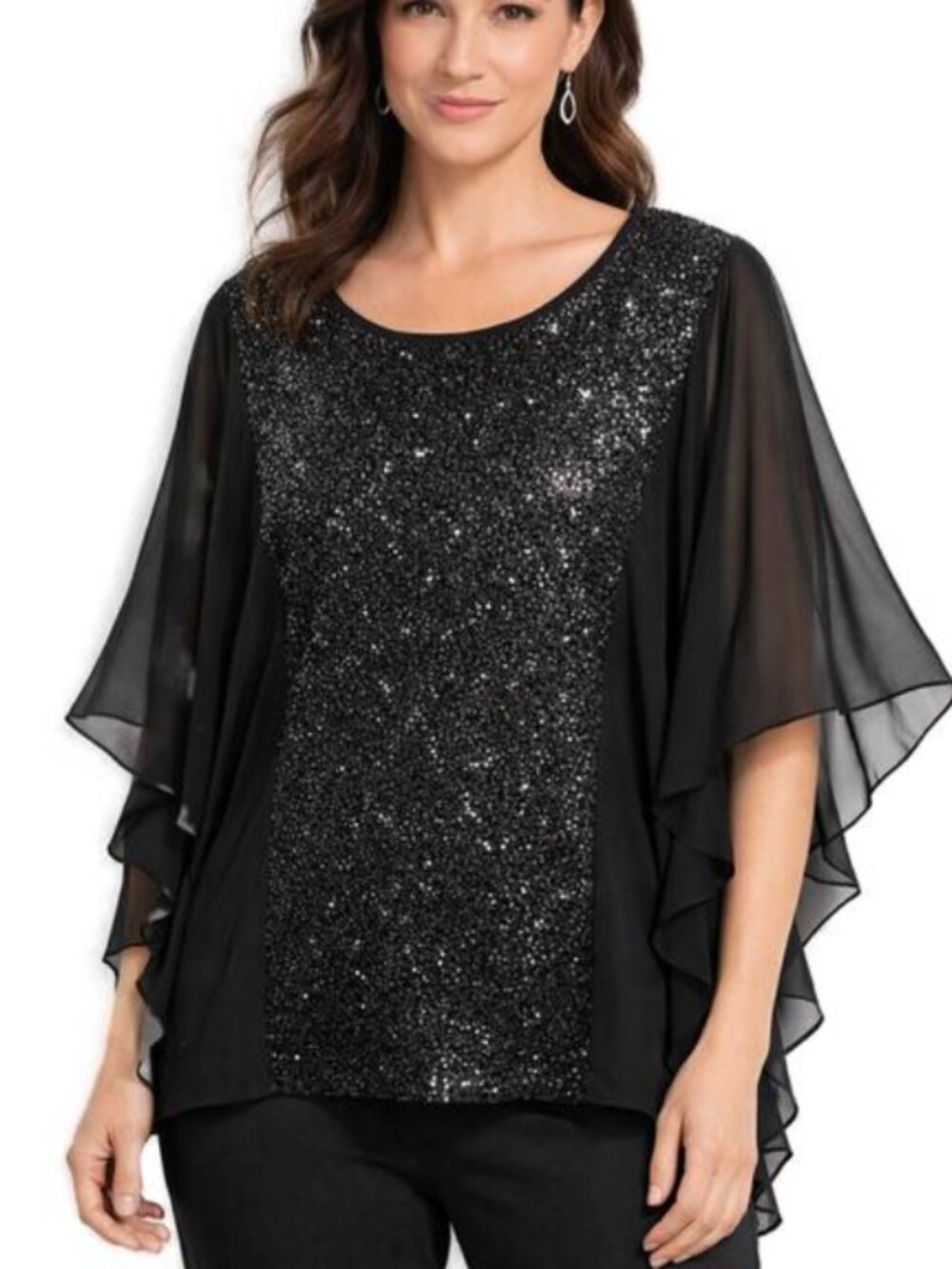 Bob Mackie Black Sequin Top Chiffon Overlay Blouse Evening Party 2X